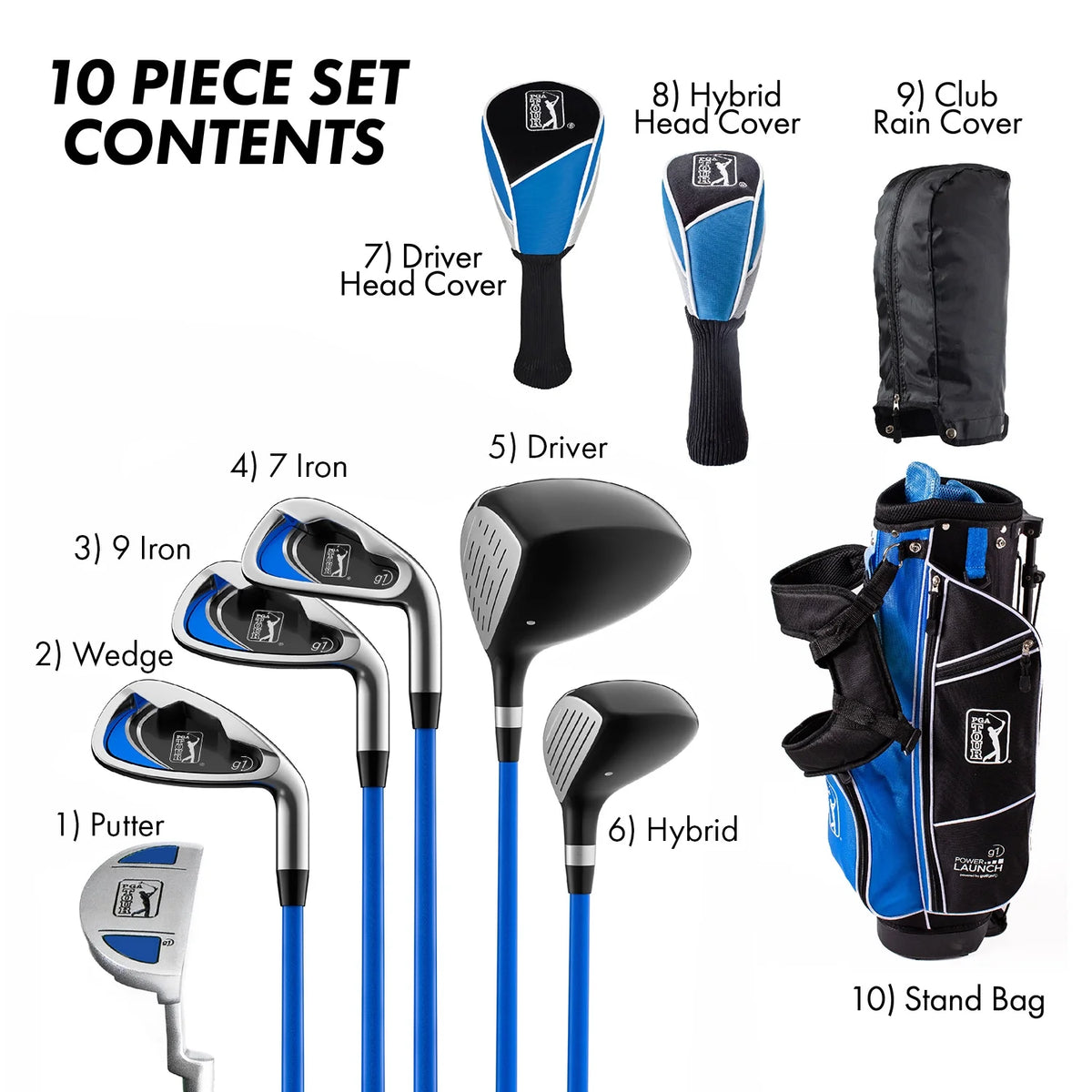 PGA Tour Right-Handed 10-Piece Kids Golf Club Stand Bag Set, Ages 8-12, Player Height 4ft 8in - 5ft 2in