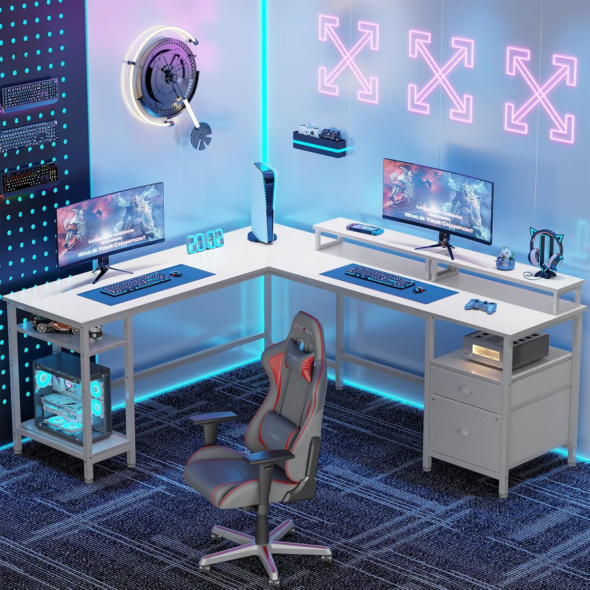 66 Inch Reversible L-Shaped Computer Gaming Desk With Power Outlet, File Drawer, 2 Monitor Stands, Rustic Brown