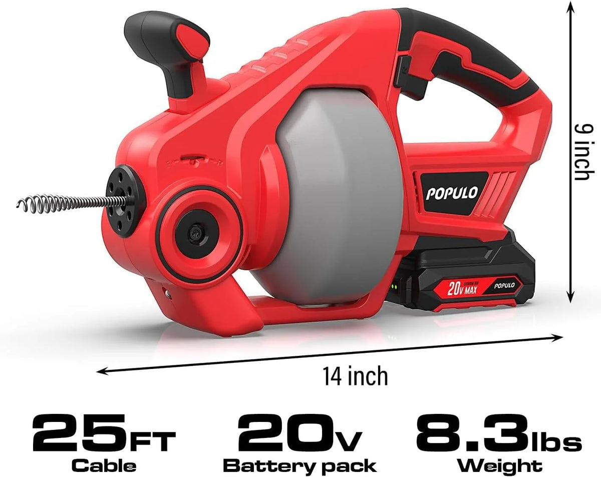 POPULO 20V Cordless Electric Drain Auger, 25 Ft Auto-Feed, 2.0Ah Battery, 3/4 in-2 in Pipes