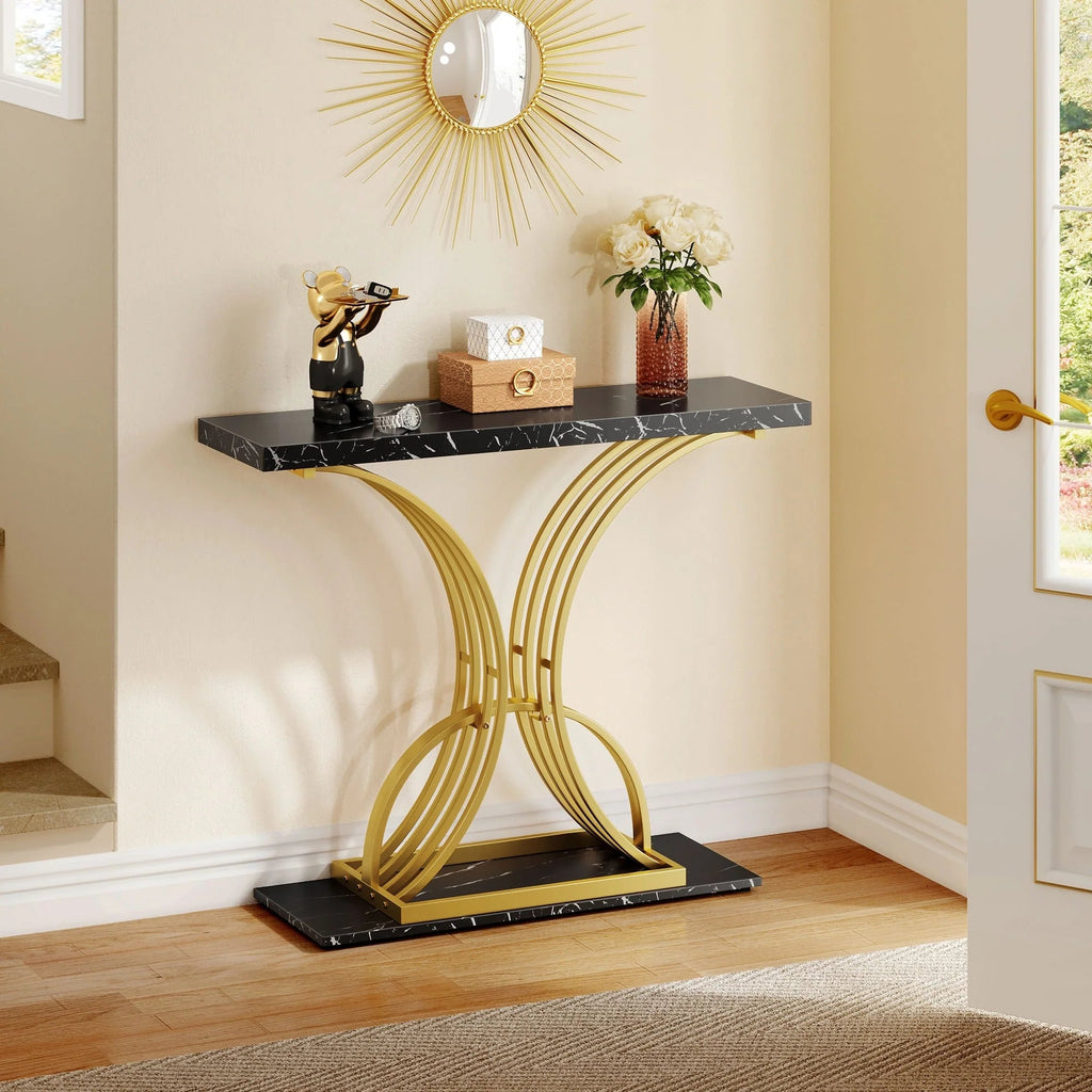 Console Table With Faux Marble MDF Top And Gold Metal Frame