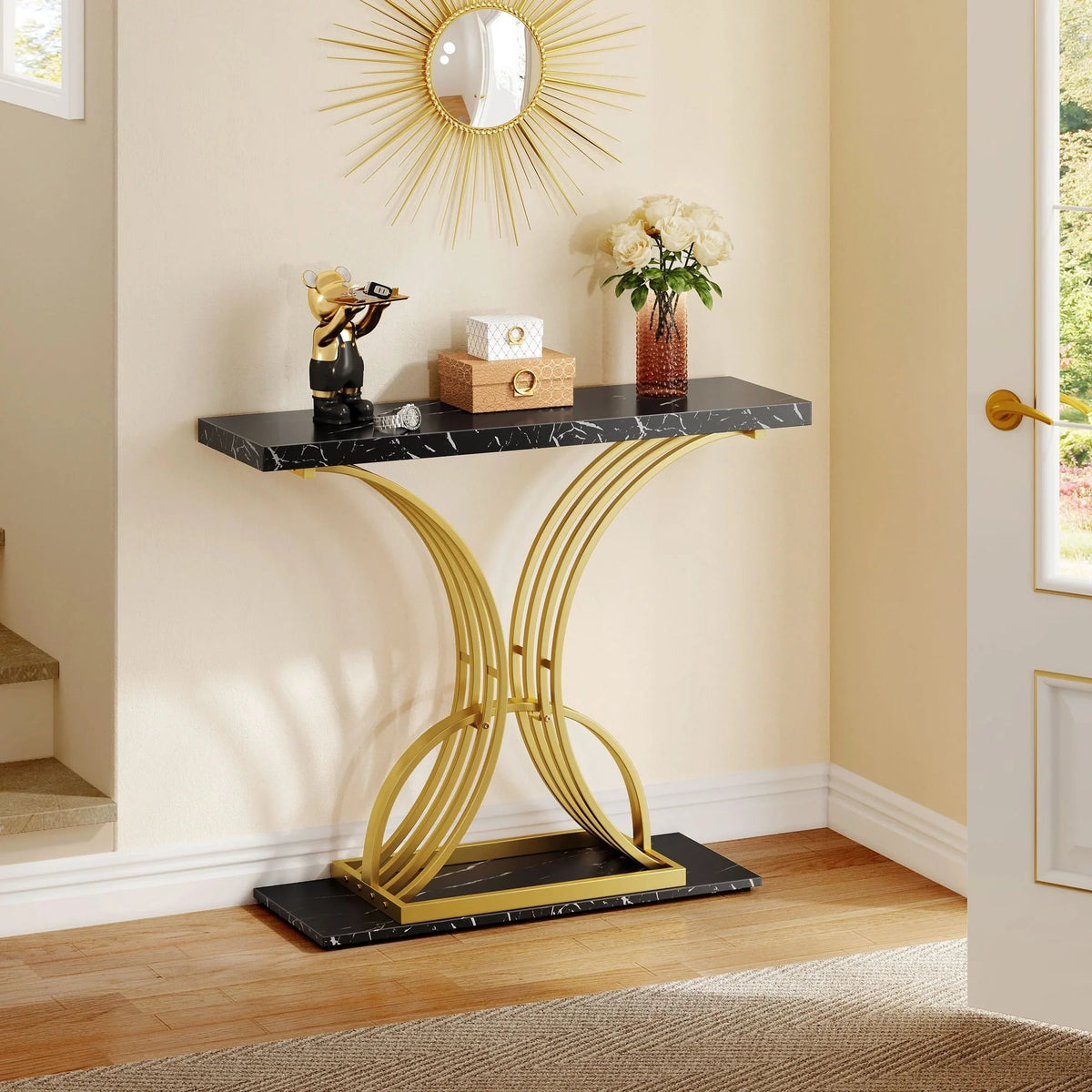 Console Table With Faux Marble MDF Top And Gold Metal Frame