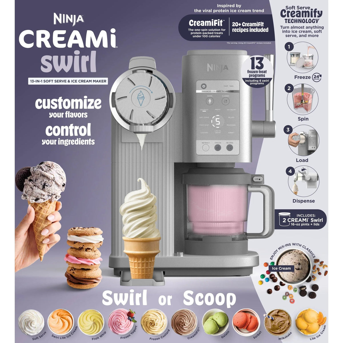 Ninja Swirl By CREAMi Soft Serve And Ice Cream Maker, 13 One-Touch Programs - NC701