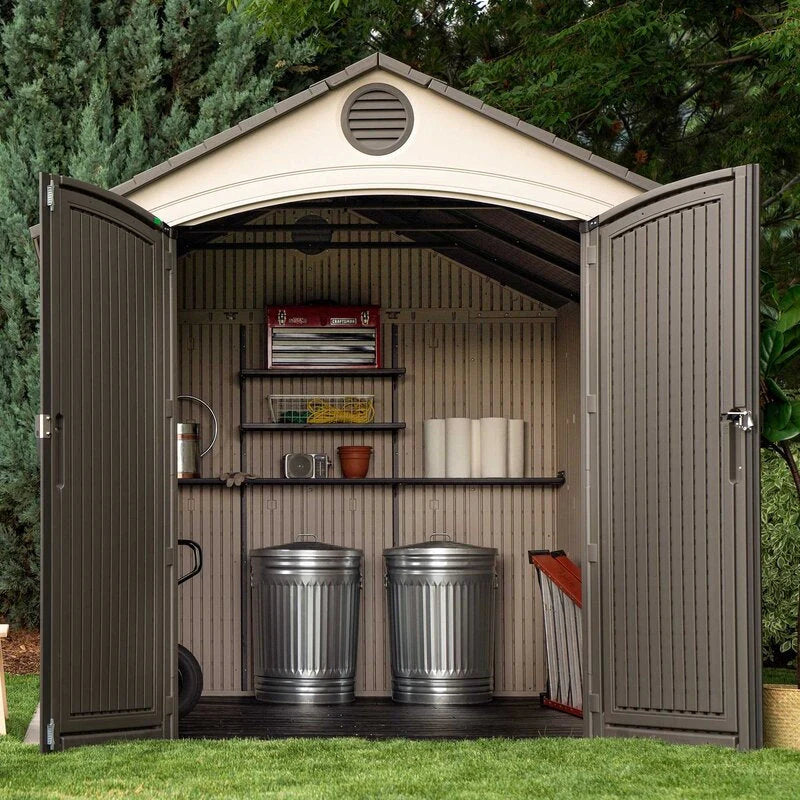 Plastic Storage Shed, 8 ft. W x 12.5 ft. D, Desert Tan And Dark Brown