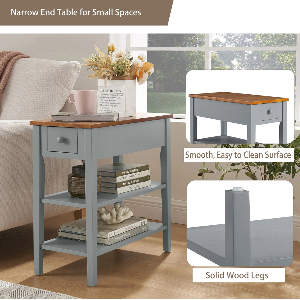 Narrow 2-Tone End Table With USB Charging Ports, 11.8 Inches Wide