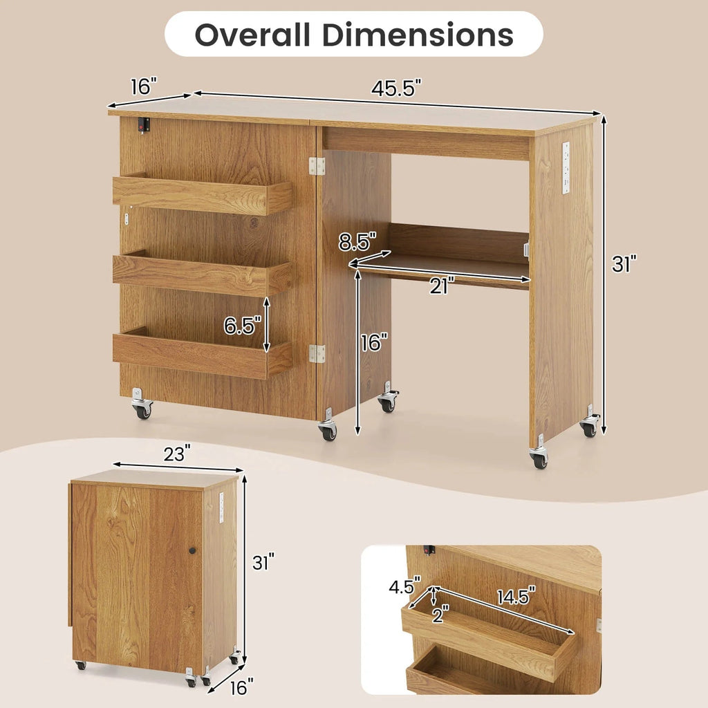 Costway Folding Sewing Table With 3 Storage Bins And Charging Station, Natural