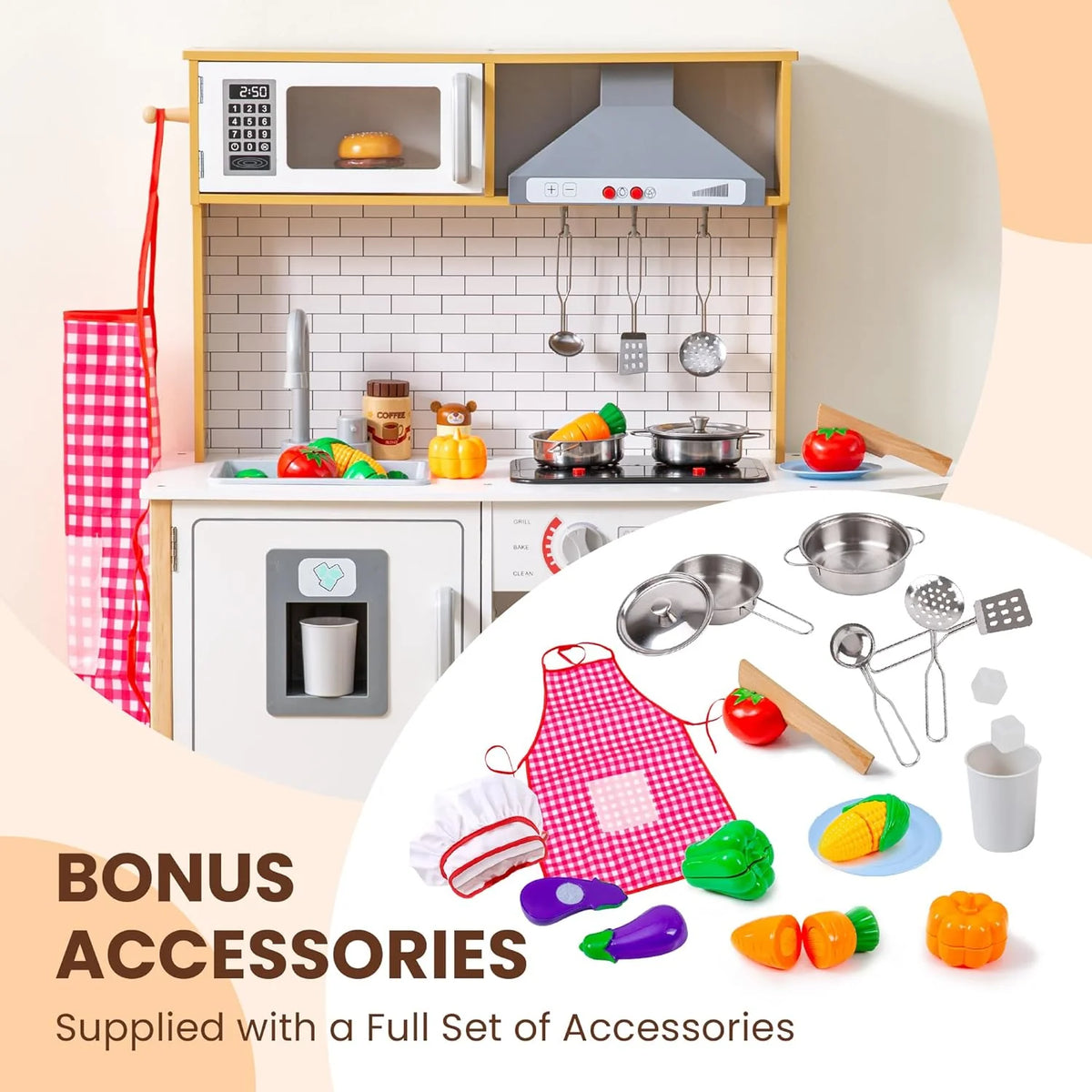 TINYSURE Kids' Wooden Play Kitchen With Lights, Sounds And Toy Food Set - B0CBQF1KCQ