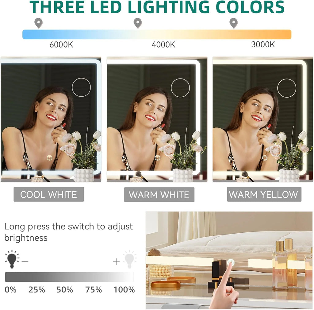 YITAHOME Vanity Set With LED Mirror, 10 Drawers, Stool, Pure White, 15.7 x 46 x 55.9 in