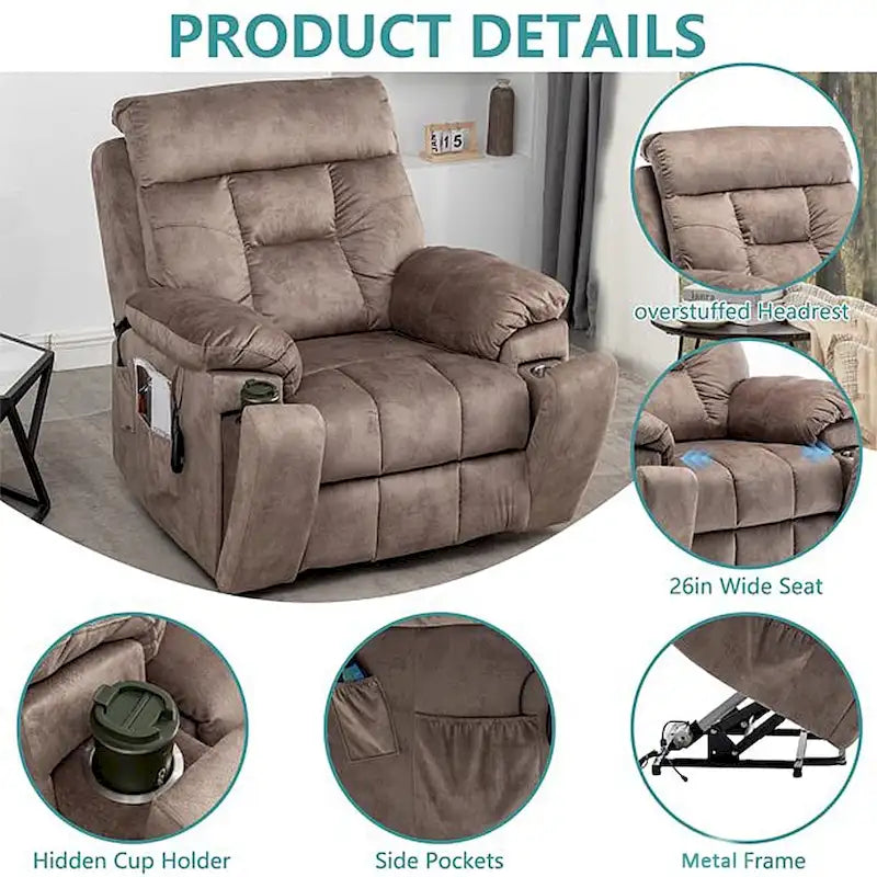 Large Electric Power Lift Recliner With Heat, Massage, Hidden Cup Holder - 40.94W x 38.19D x 42.52H