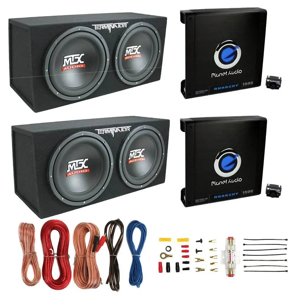MTX TNE212D 12-Inch Dual Loaded Subwoofer Enclosure 2-Pack With Planet Audio AC1500.1 Amplifiers 2-Pack And Soundstorm AKS8 Wiring Kit