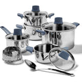 T-fal Essentials Stainless Steel Cookware Set, 12 Piece, Silver/Blue - Induction Compatible