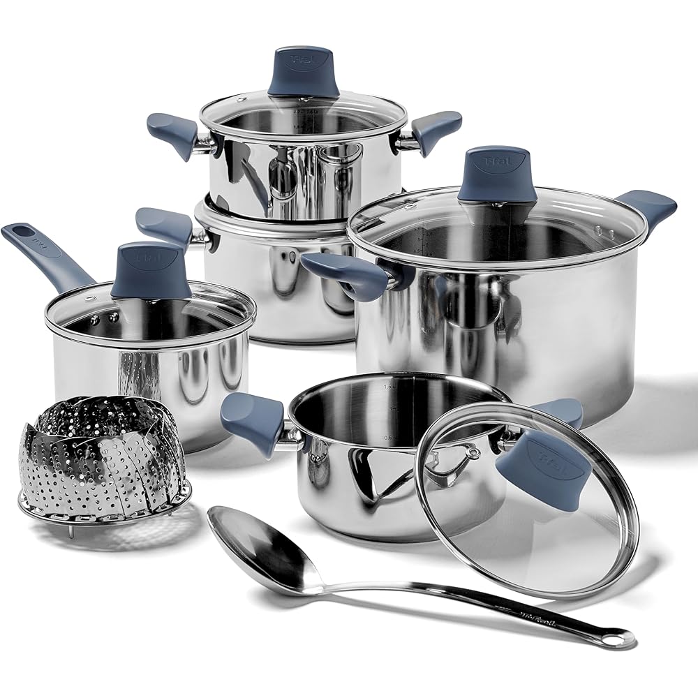 T-fal Essentials Stainless Steel Cookware Set, 12 Piece, Silver/Blue - Induction Compatible