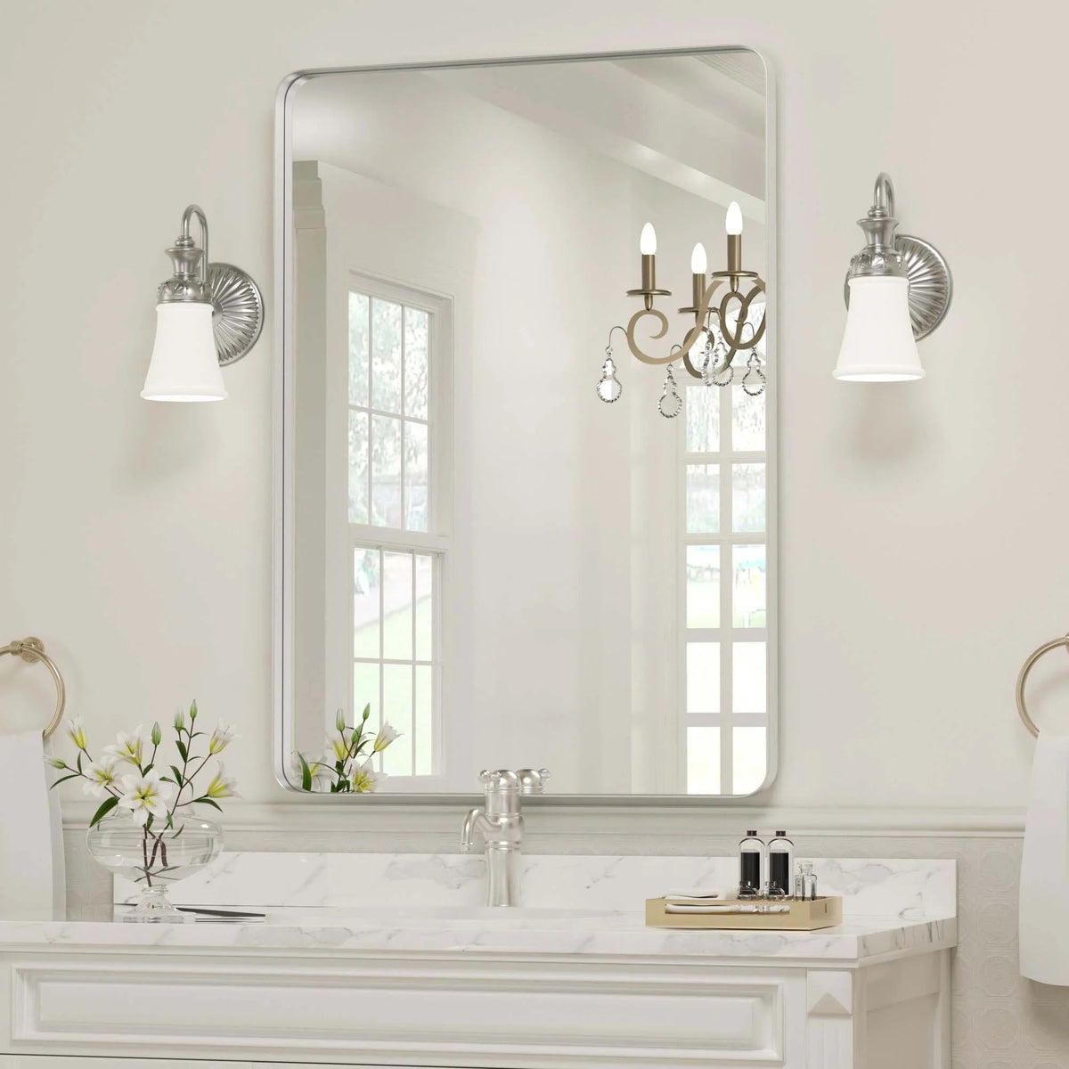 Framed Wall Vanity Mirror With Rounded Corners, 1 Piece