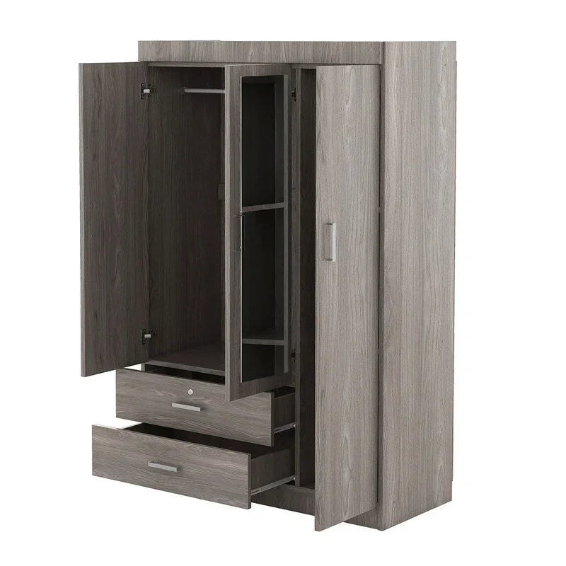 3-Door Mirror Wardrobe With Shelves And 2 Drawers - White Or Gray