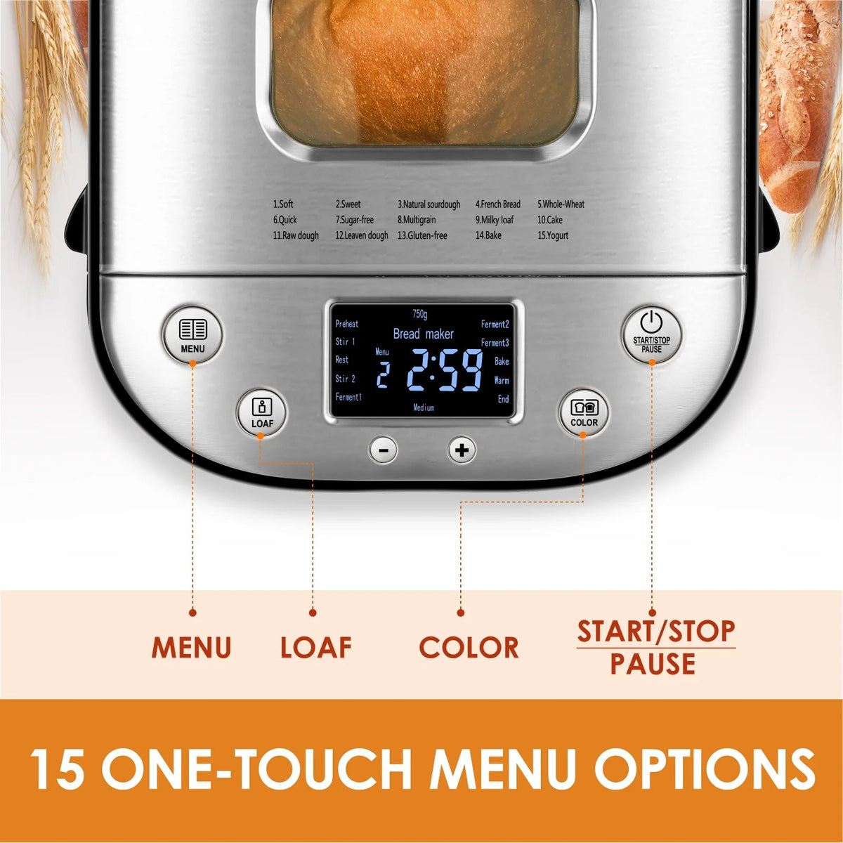Kitchen in the box 15-in-1 Bread Machine, 2LB Stainless Steel, Silver