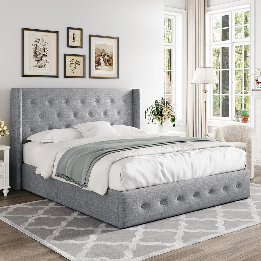 Queen Size Lift-Up Storage Bed With Wingback Headboard, Upholstered Platform Bed Frame With Hidden Storage