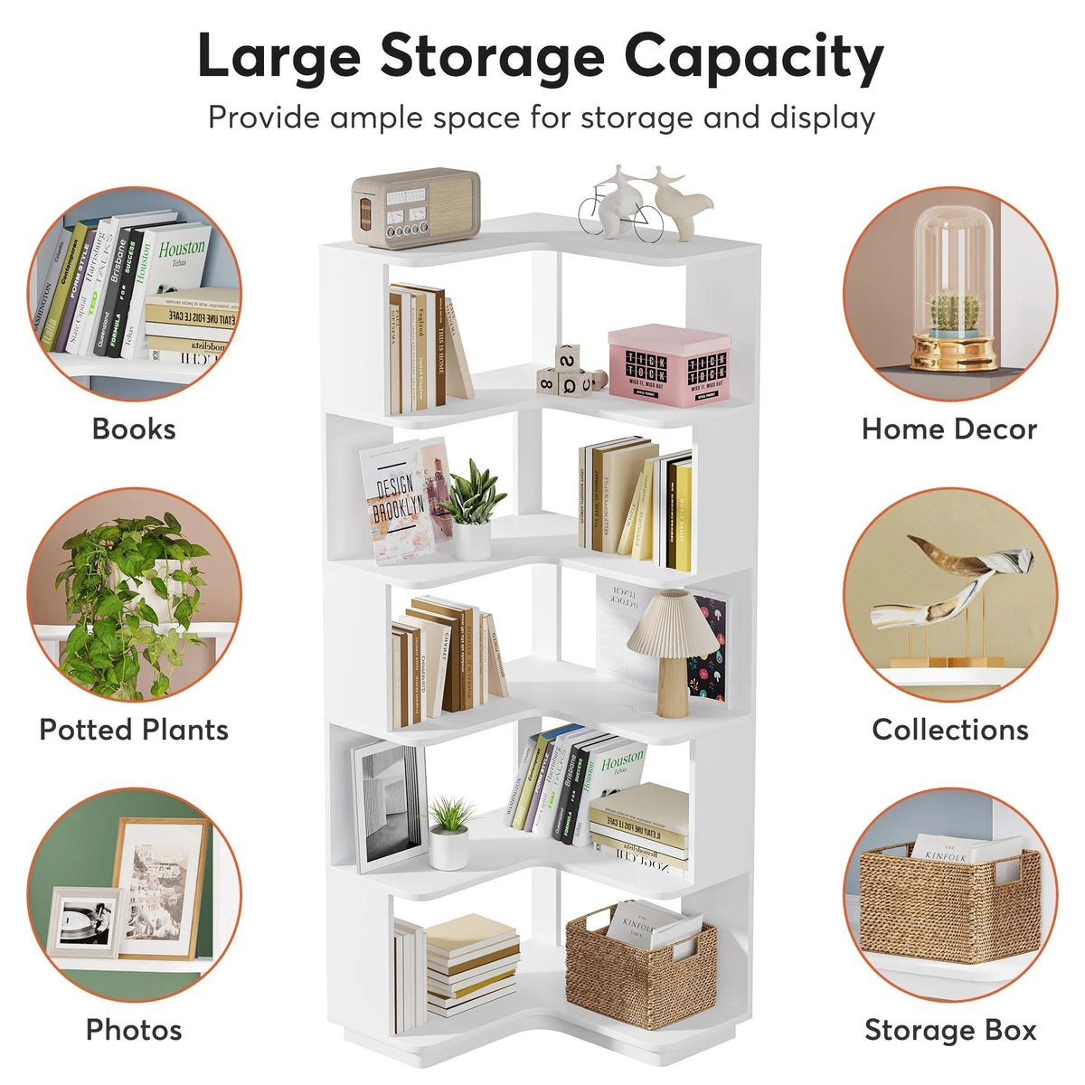 6-Tier Corner Bookshelf, 64.9 Inch Tall, Freestanding Wood Industrial Bookcase