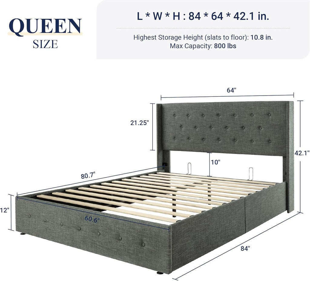 Queen Size Lift-Up Storage Bed With Wingback Headboard, Upholstered Platform Bed Frame With Hidden Storage