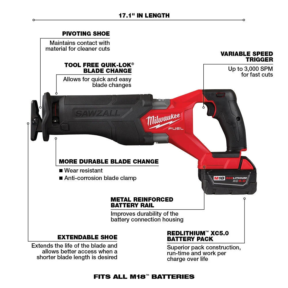 Milwaukee M18 FUEL 18V Brushless Cordless 7-Tool Combo Kit With Two 5.0 Ah Batteries