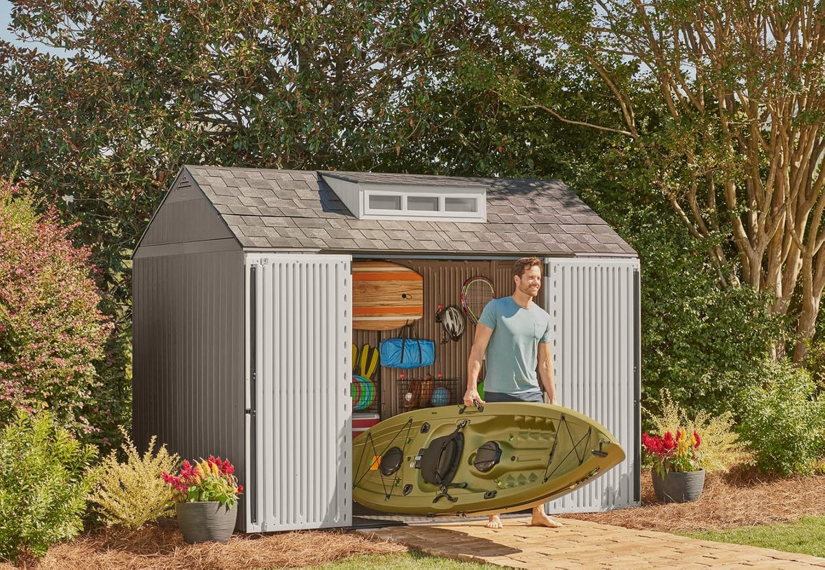 Rubbermaid Resin Outdoor Storage Shed With Floor, 7x7 ft, Gray