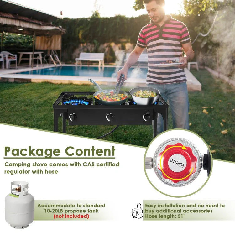 Portable 3-Burner Propane Camping Gas Stove 225000 BTU Cast Iron Black