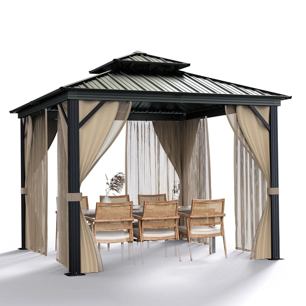 10x10 Hardtop Gazebo With Double Metal Roof, Aluminum Frame, Net And Curtain - Khaki