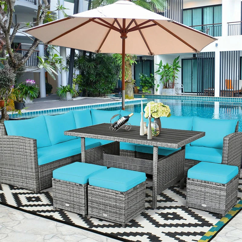 7-Piece Rattan Patio Dining Set With 3 Corner Chairs, 3 Ottomans And Table