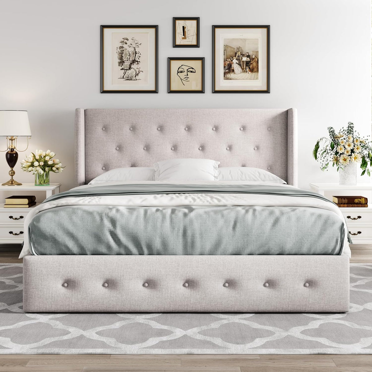 Queen Size Lift-Up Storage Bed With Wingback Headboard, Upholstered Platform Bed Frame With Hidden Storage
