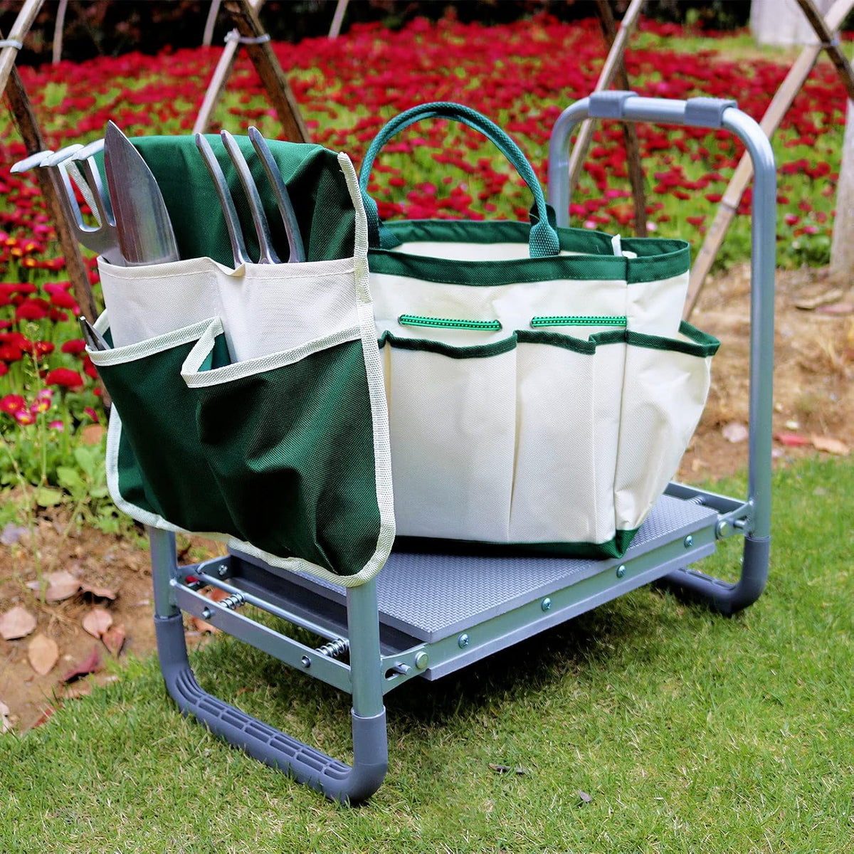 Outdoor Rolling Garden Workseat Cart With 10-Inch Wheels, Green, 30.3 in D x 17.7 in W x 21.2 in H
