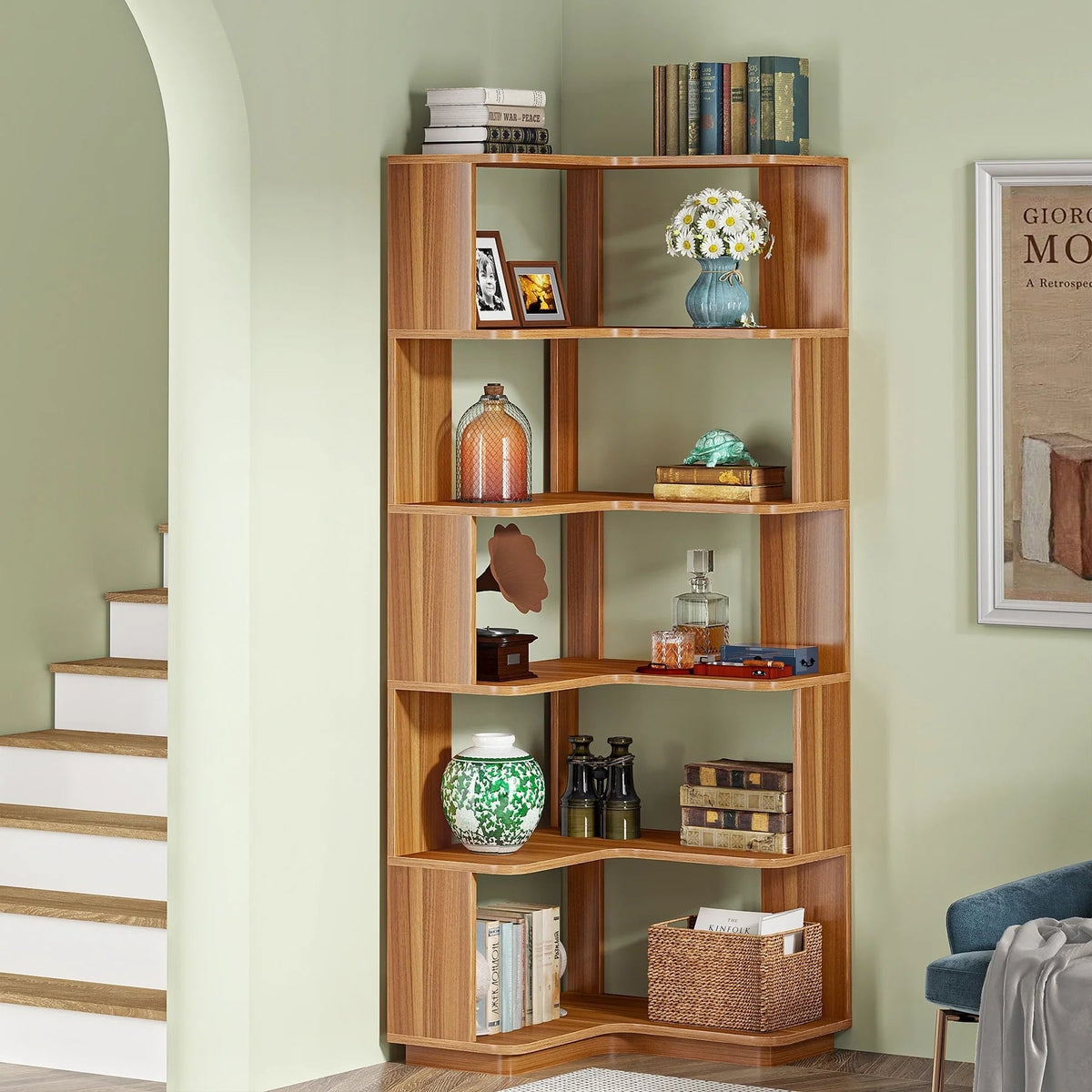 6-Tier Corner Bookshelf, 64.9 Inch Tall, Freestanding Wood Industrial Bookcase