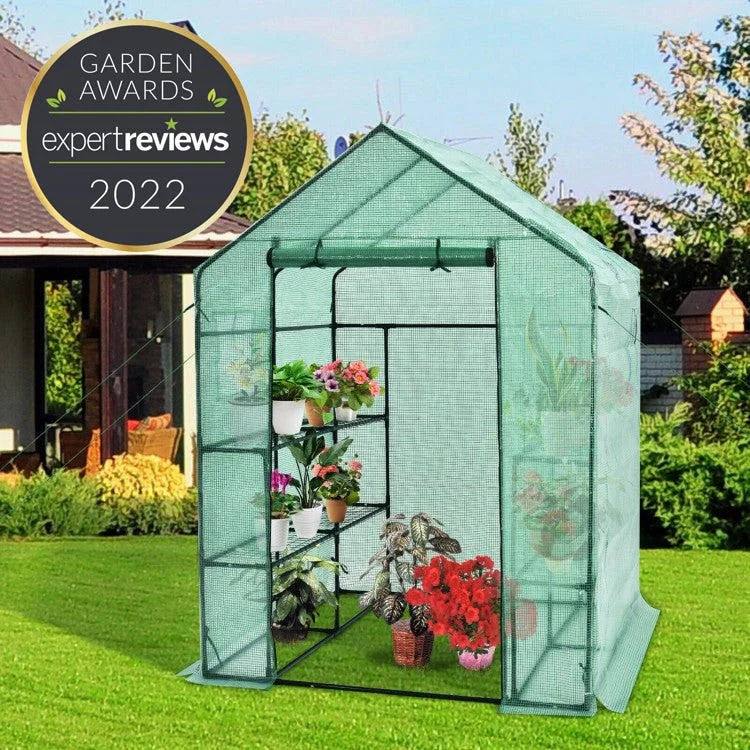 Walk-In Garden Greenhouse With Observation Windows, 56 in x 56 in x 77 in, 8 Shelves, Green