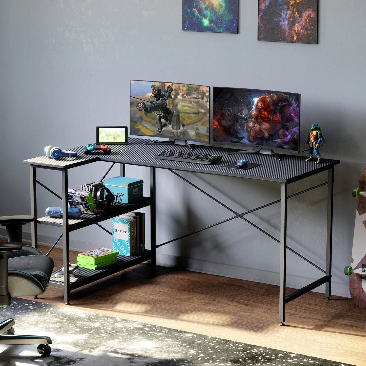 Small L-Shaped Computer Desk With Reversible Storage Shelves - 55-Inch / 47-Inch