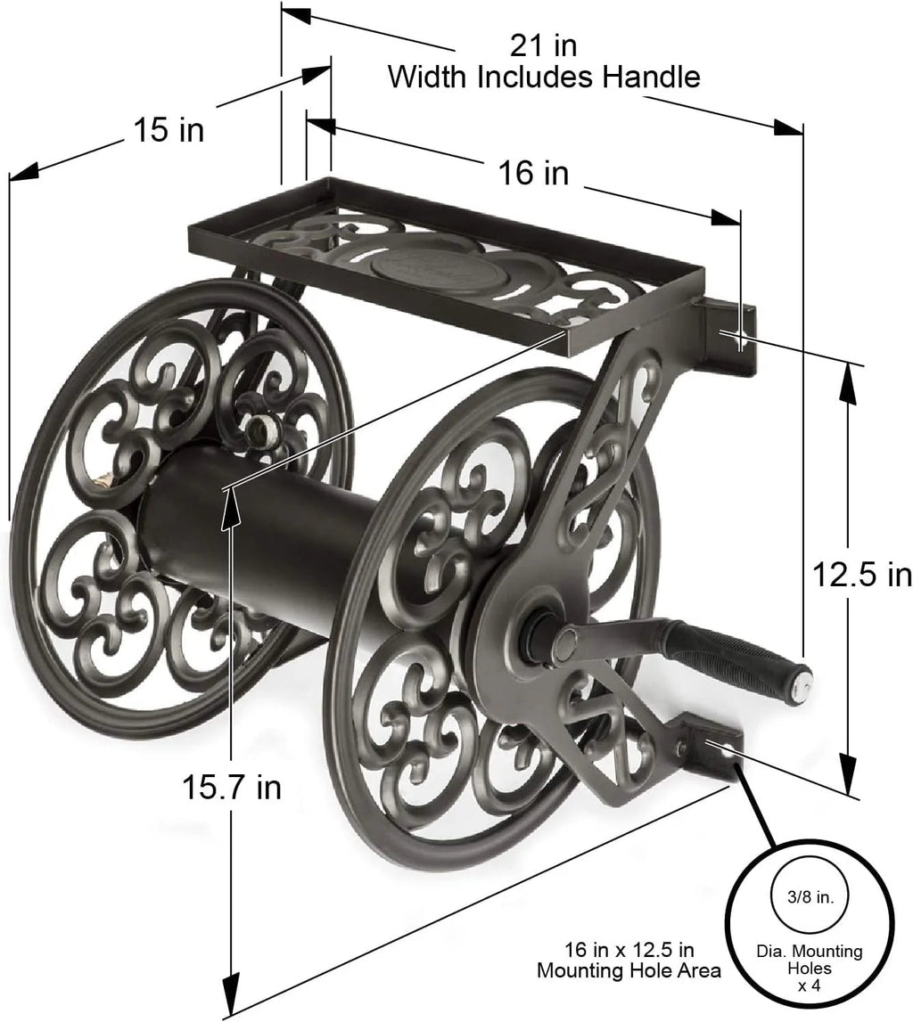 Steel Wall Mount Garden Hose Reel With Shelf, 125 Feet 5/8-Inch Capacity