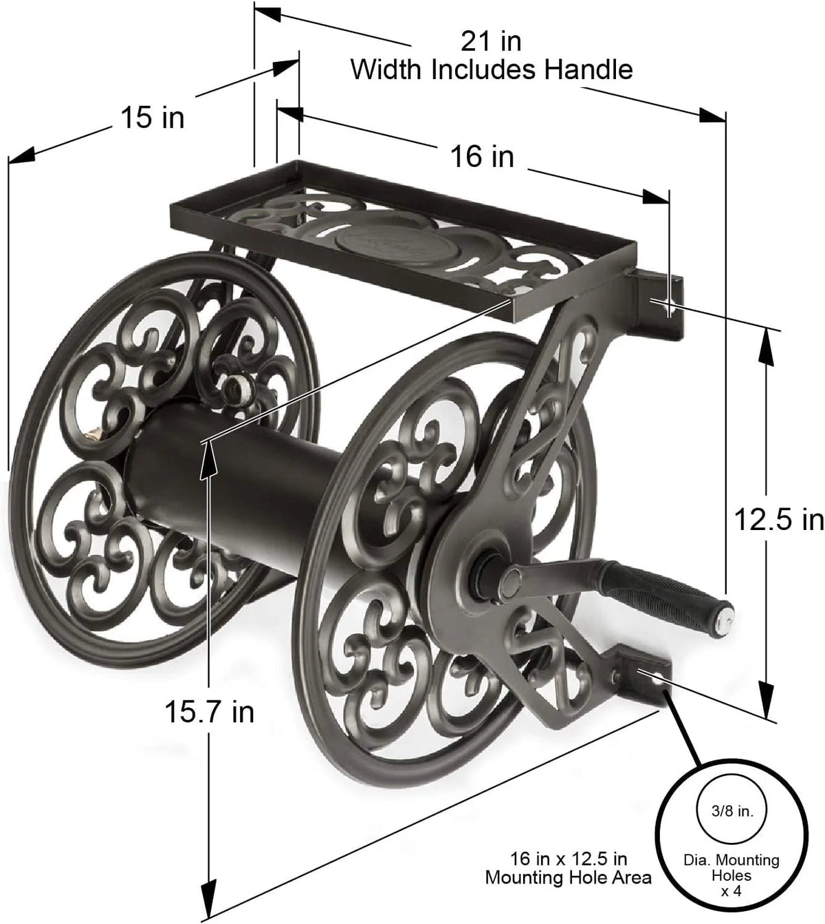 Steel Wall Mount Garden Hose Reel With Shelf, 125 Feet 5/8-Inch Capacity