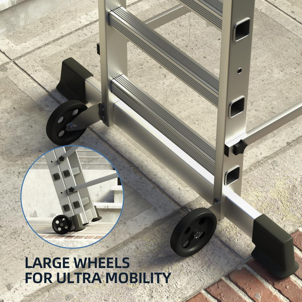 Aluminum Folding Scaffolding Ladder With Wheels, 60in W x 116in H, 8 Steps, 330 lbs - APJC-PSL168