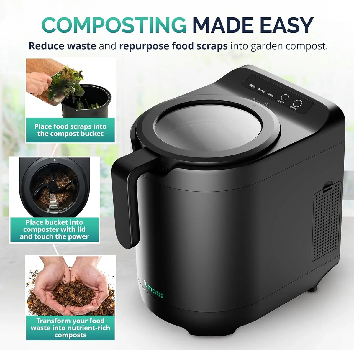 EcoChef Electric Kitchen Composter 2.5L - Odorless Countertop Bin With Clear-View Lid