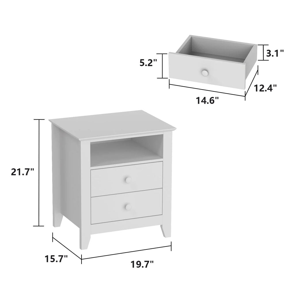 White Nightstand With 2 Drawers And 1 Open Shelf - 21.7 Inch Tall