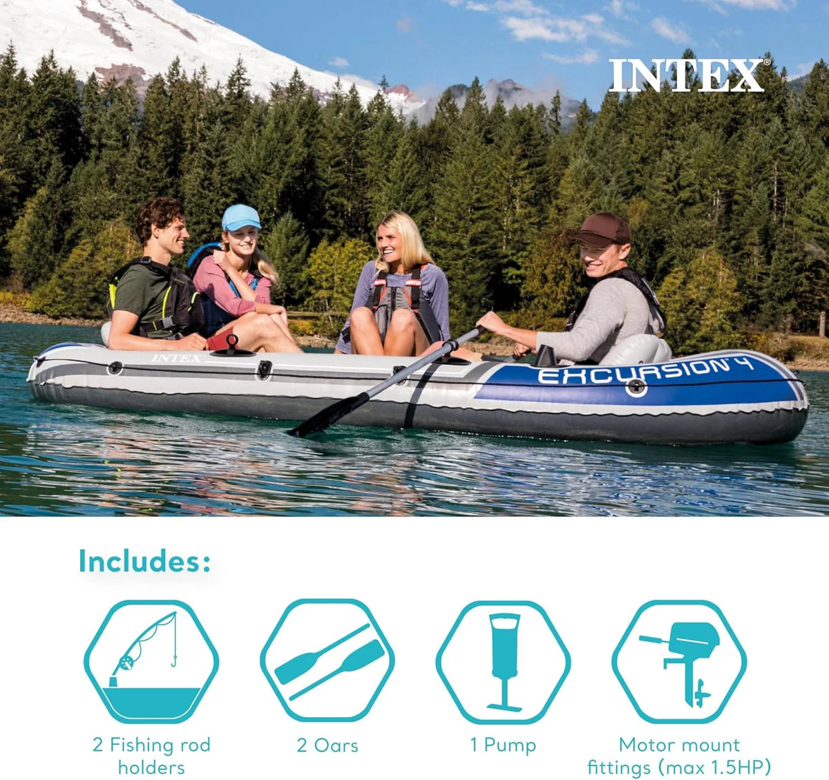 Intex Excursion 5 Inflatable Boat, 5 Person, 12ft x 5ft 6in x 1ft 5in, 54in Oars - Excursion 5