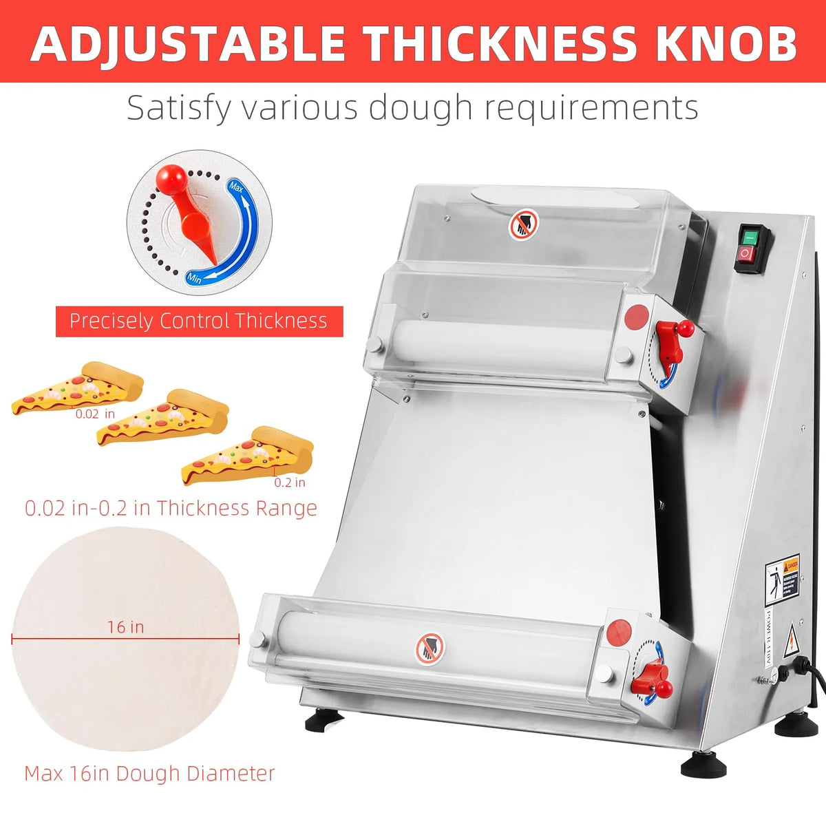 Commercial Pizza Dough Roller Sheeter, 370W, Stainless Steel, Max 16