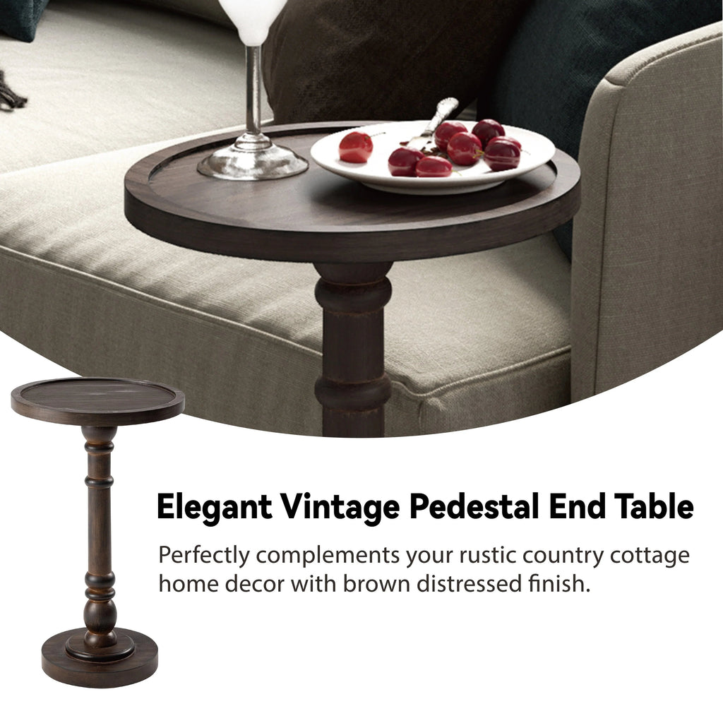 Pedestal End Table With Round Tray Top And Distressed Finish