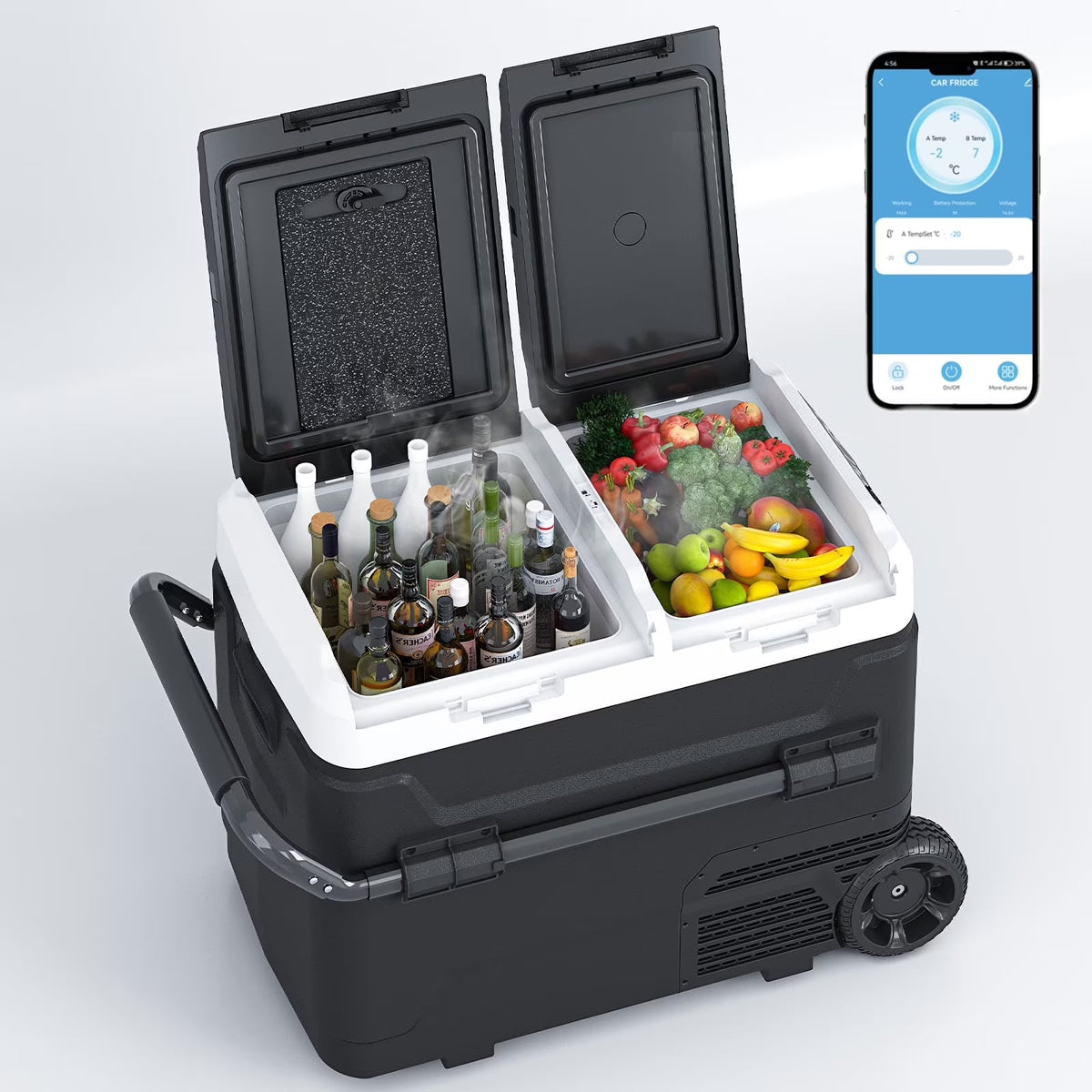 DISHUP Portable Car Refrigerator 12V, 53QT (50L), Dual Zone - Black