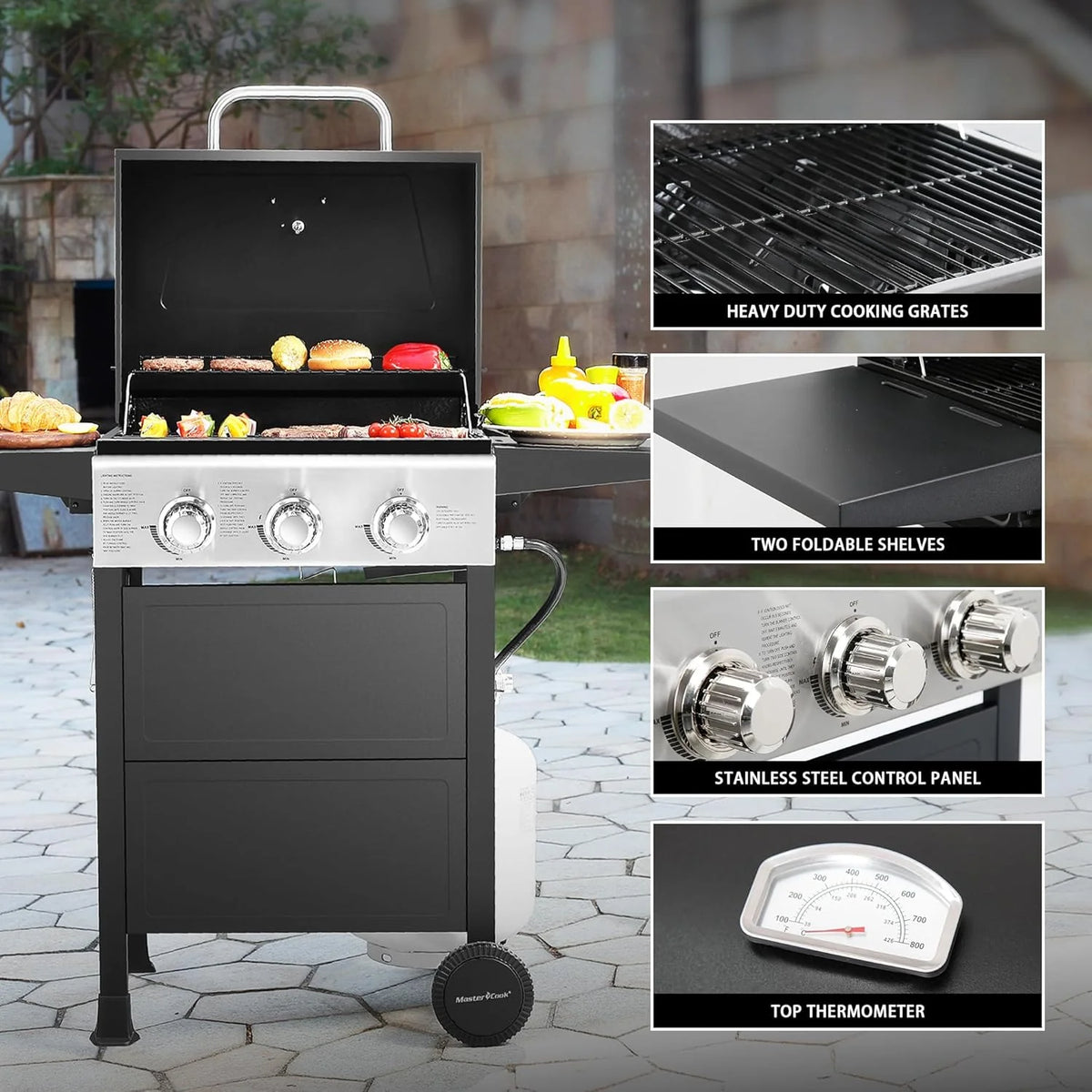 MASTER COOK 3-Burner Propane Gas Grill, 30,000 BTU, Black
