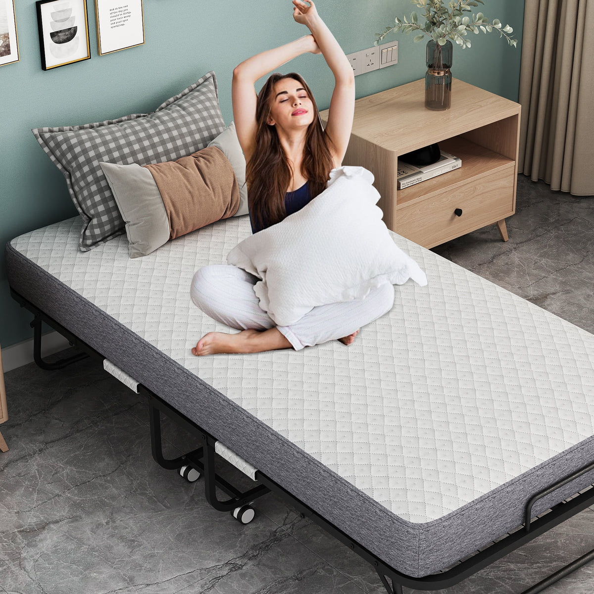 Folding Rollaway Guest Bed With 75in x 31in Cot Mattress And 5in Memory Foam