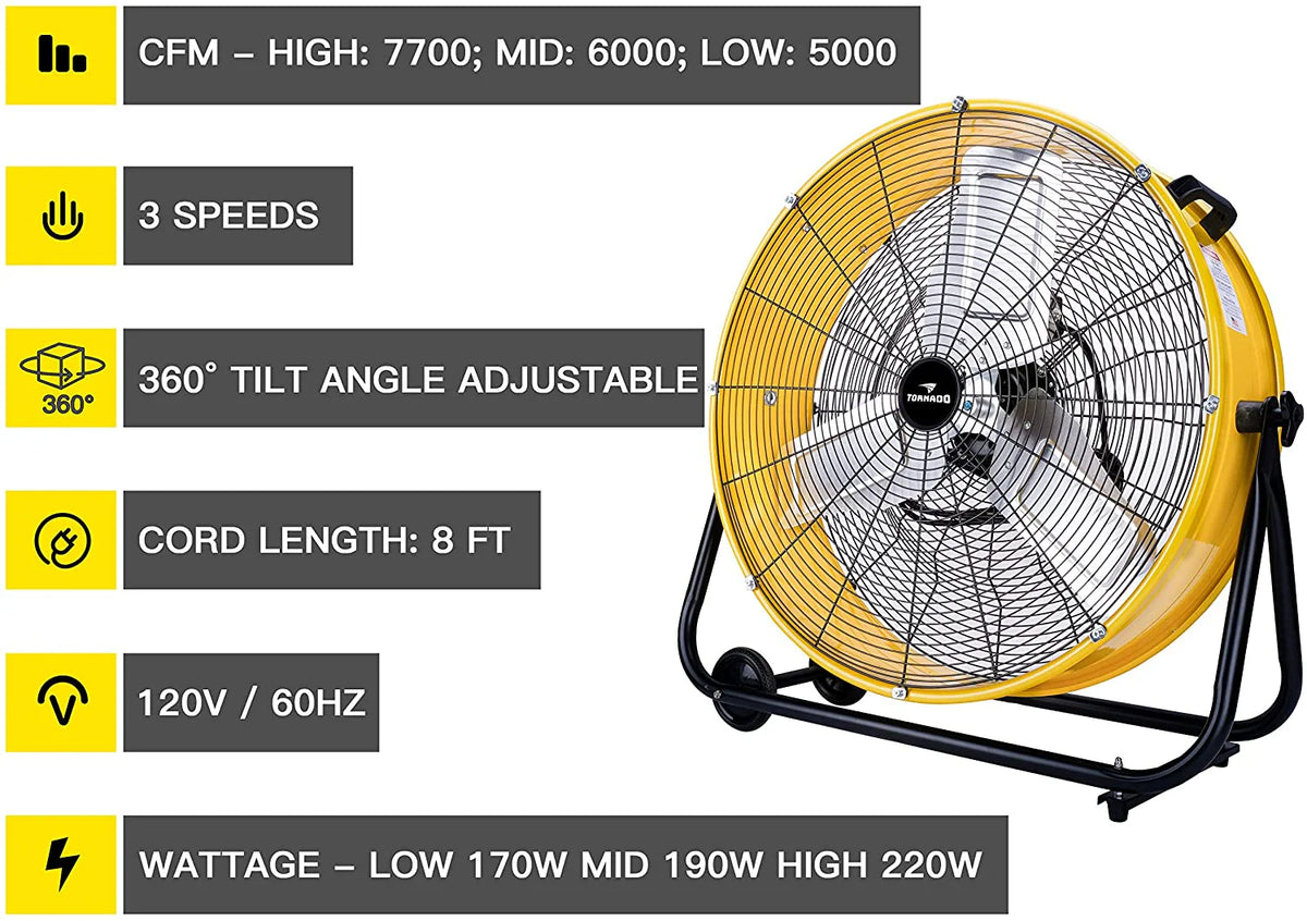 Tornado 24 Inch High Velocity 3-Speed Drum Air Circulator Fan, 7800 CFM, Yellow - HI-FAN-DRUM24-1P