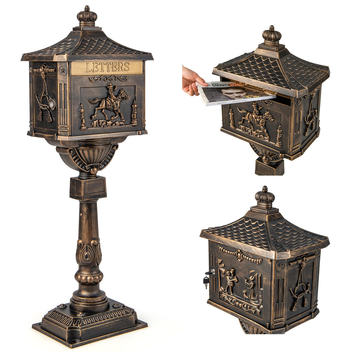 Cast Aluminum Lockable Mailbox With Post, 14 x 11.5 x 46 in - White, Black Or Bronze