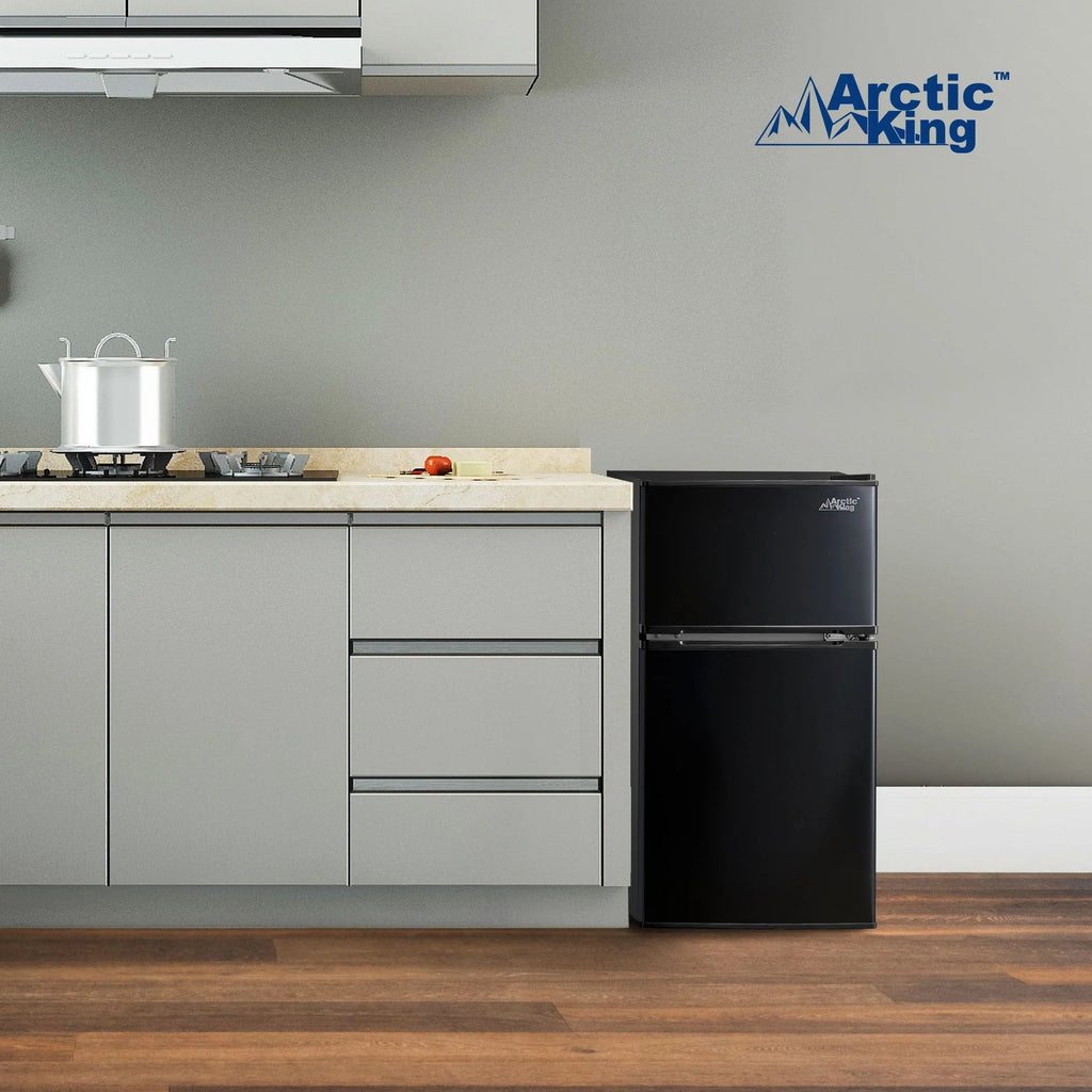 Arctic King Two-Door Mini Fridge With Freezer, 3.2 Cu ft, 18.5 in x 19.4 in x 33.3 in, Stainless Steel - E-Star