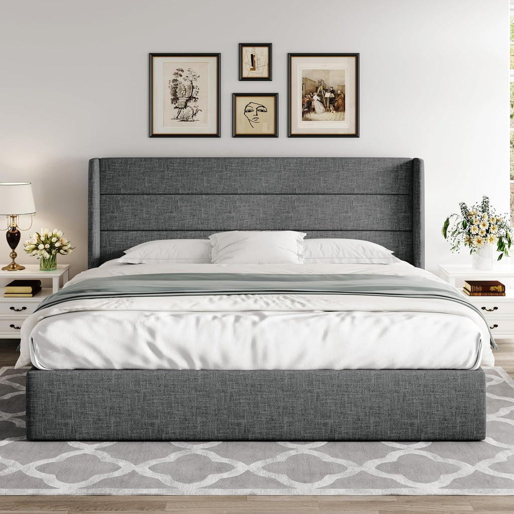 Queen Size Lift-Up Storage Bed With Wingback Headboard, Upholstered Platform Bed Frame With Hidden Storage