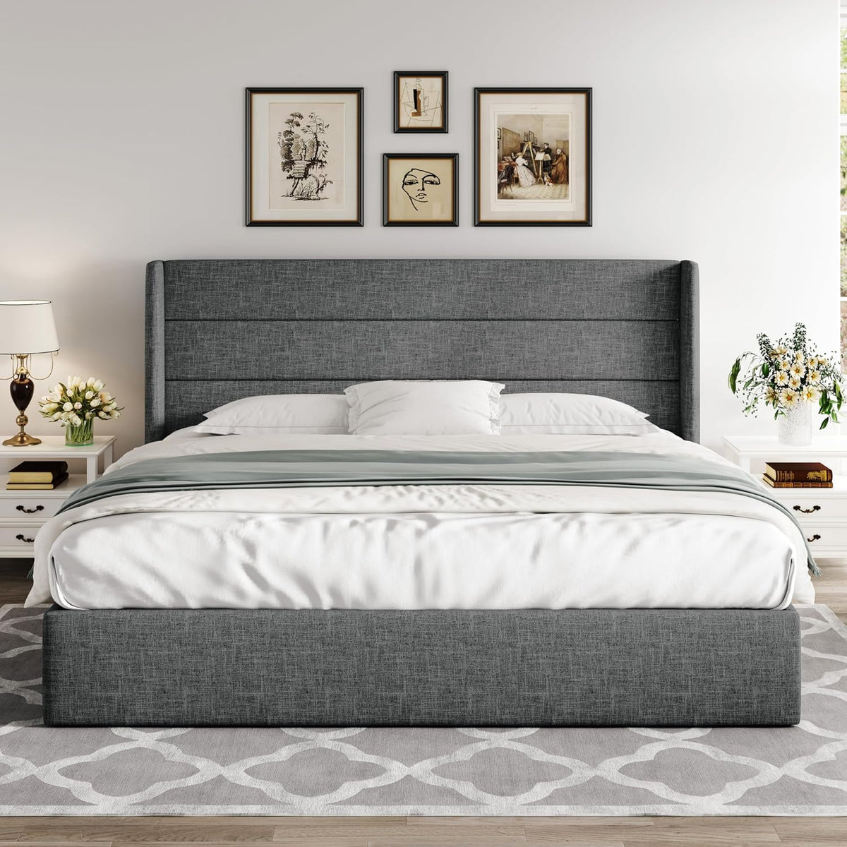 Queen Size Lift-Up Storage Bed With Wingback Headboard, Upholstered Platform Bed Frame With Hidden Storage