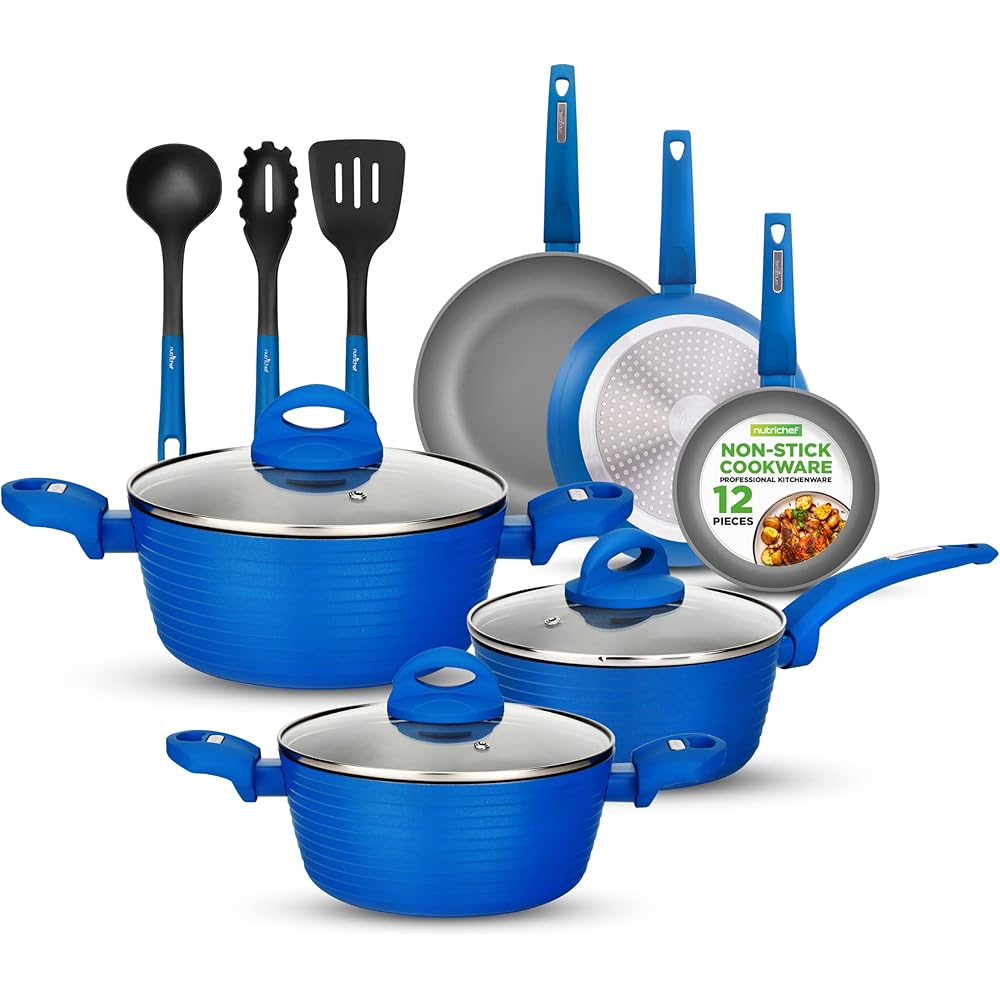 NutriChef 12-Piece Nonstick Cookware Set, Light Gray/Blue
