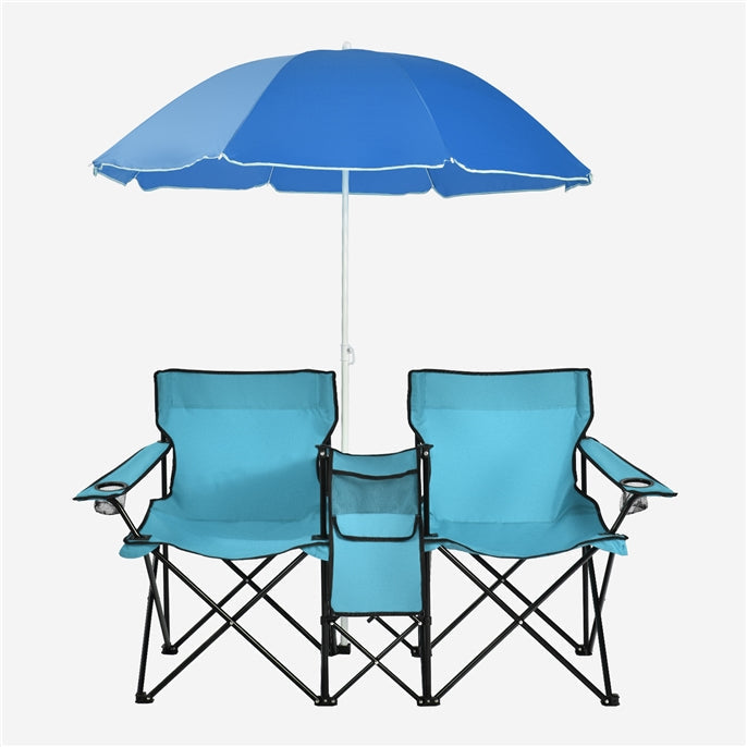 Double Folding Camping Loveseat Chairs With Umbrella, Mini Table And Cooler Bag