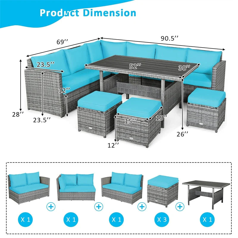 7-Piece Rattan Patio Dining Set With 3 Corner Chairs, 3 Ottomans And Table